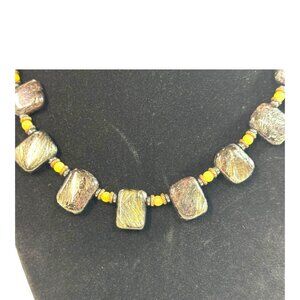 Vintage Jasper or Agate Black & Yellow Gemstone Beaded Necklace 16" Choker Bib